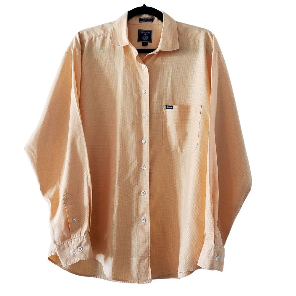 Faconnable Men's Shirt, Long Sleeve, Tiny Check, Light Orange/Tangerine, Sz L